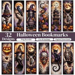 May include: A digital bundle of 32 Halloween bookmarks, each measuring 2 by 4 inches. The designs feature illustrations of witches, skulls, pumpkins, haunted houses, black cats, owls, ravens, and deer against moonlit, atmospheric backgrounds.
