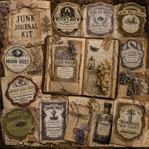 May include: A junk journal kit featuring vintage-style paper ephemera, including labels for Witch's Brew, Third Eye Drops, Slime Mold Serum, Moon Dust, Love Potion, Dragon Scale Dust, Zombie Brew, Poison, and Mandrake Root Essence with dried flowers.