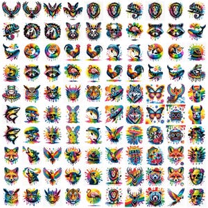 May include: A collection of colorful animal illustrations, including lions, owls, and butterflies, with a watercolor effect. Each design features vibrant rainbow hues and a unique splatter background, creating a whimsical and artistic aesthetic.