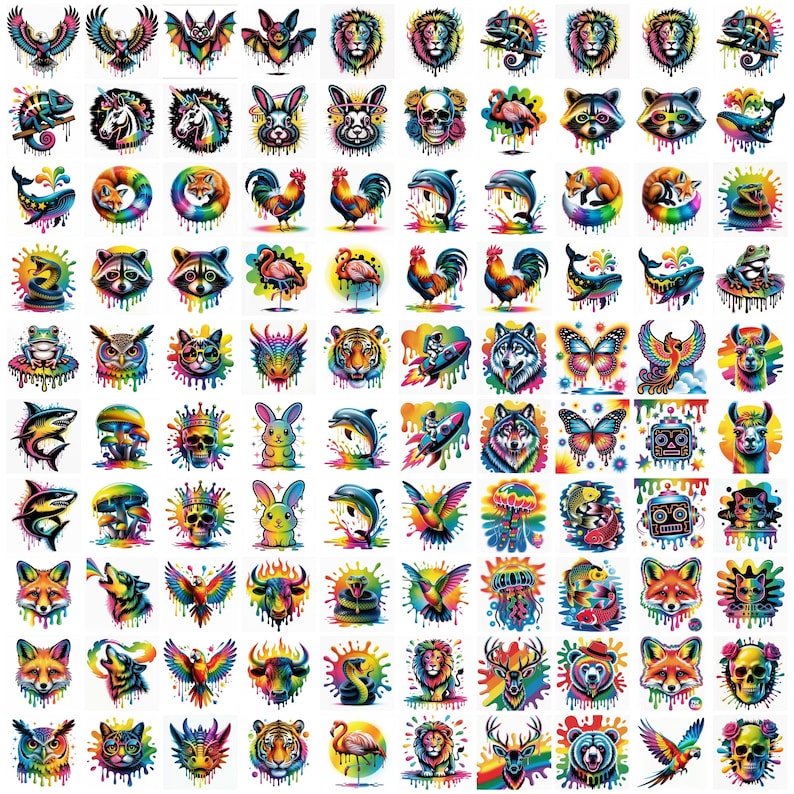 May include: A collection of colorful animal illustrations, including lions, owls, and butterflies, with a watercolor effect. Each design features vibrant rainbow hues and a unique splatter background, creating a whimsical and artistic aesthetic.