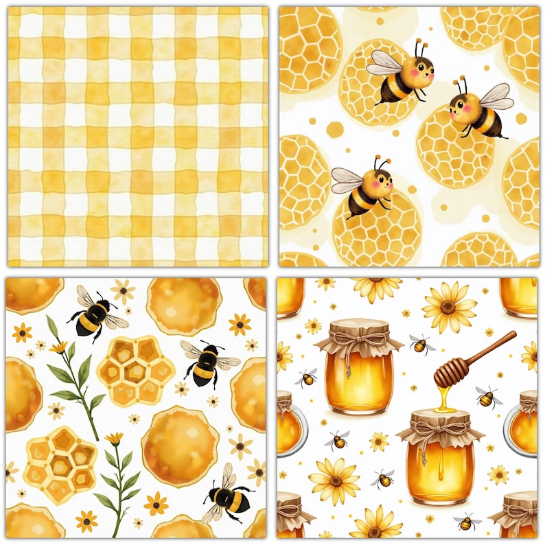 30+ Honey Bee Seamless Digital Paper Bundle, Watercolor Floral Bee Backgrounds, Honey Bees Scrapbook Papers Sublimation, Digital Download image 4