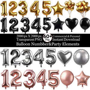 Op de afbeelding: Een verzameling folieballonnen in de vorm van cijfers en andere vormen. De ballonnen zijn goud, zwart, zilver en roségoud. De afbeelding toont de cijfers 1, 2, 3, 4 en 5, plus ster-, hart- en ronde vormen.