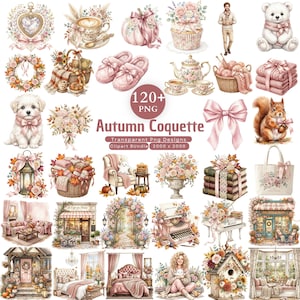 May include: A digital collection of 120+ PNG images titled Autumn Coquette, featuring watercolor-style illustrations of pink bows, floral arrangements, cozy interiors, autumn pumpkins, woodland animals, and seasonal decor items on a white background.
