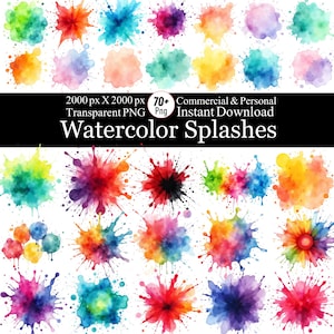 Watercolor Paint Splashes PNG Bundle, Colorful Paint Splatter Clipart, Abstract Ink Splash Graphic, Artistic Background PNG,Instant Download