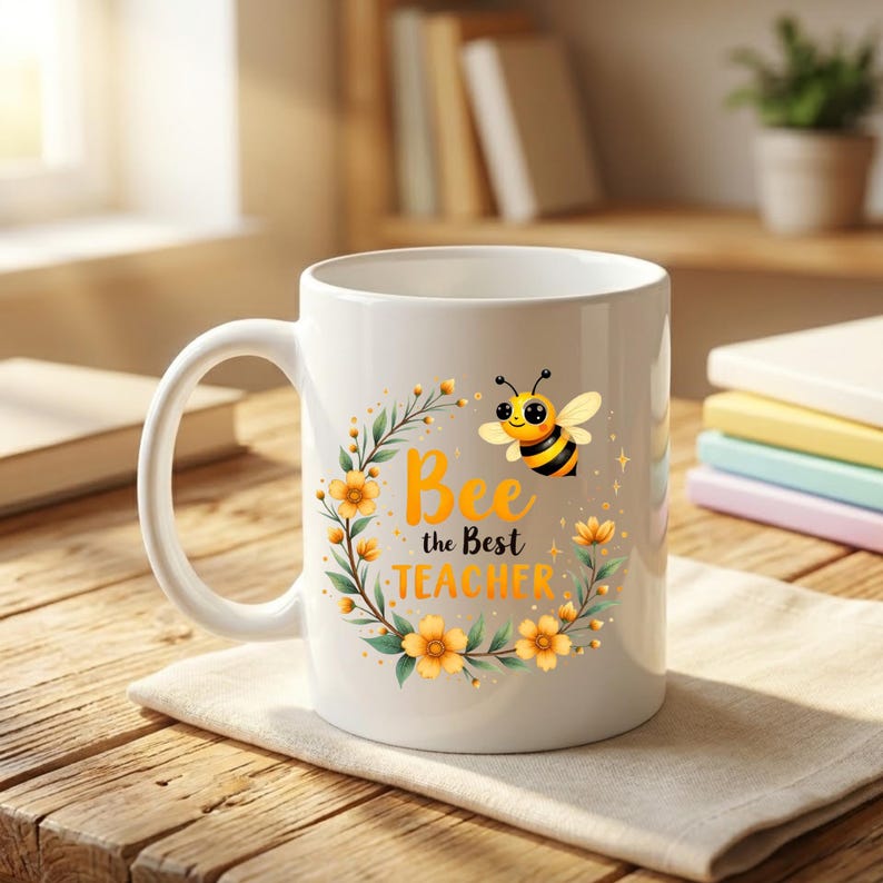 May include: White ceramic mug with a handle, featuring a design with a cartoon bee, yellow flowers, and the text "Bee the Best Teacher". The design is set within a floral wreath. The mug is sitting on a beige cloth.