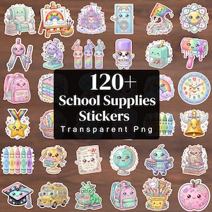 120+ School Supplies Stickers Clipart Bundle, Kawaii School Supplies PNG, Back to School Aesthetic Stickers, Teacher Planner Graphics