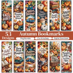 May include: A collection of rectangular bookmarks featuring autumn-themed illustrations including pumpkins, sunflowers, coffee cups, vintage trucks, and lanterns. Each bookmark displays seasonal text such as Fall Vibes, Autumn Blessings, and Pumpkin Spice Season.