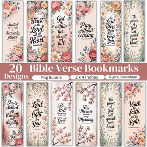 May include: A collection of 20 Bible verse bookmarks with floral designs. Each bookmark features inspirational quotes and verses, with dimensions of 2 x 4 inches. The design includes watercolor flowers and elegant typography.