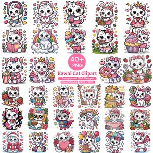 40+ Kawaii Cat Clipart PNG-paket, söt katttecknad grafik, sublimeringsdesigner med flickkatt, rosa kawaii katt PNG, digital nedladdning