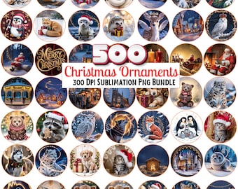 May include: A collection of 500 Christmas ornaments with various designs. The ornaments feature images of animals, holiday scenes, and text. The text on the ornaments includes "Merry Christmas" and the product title "Christmas Ornaments".