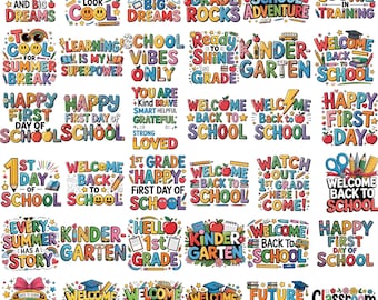 Puede incluir: Una colección de treinta diseños gráficos coloridos con textos e ilustraciones escolares como manzanas, lápices, libros y autobuses escolares. Cada diseño utiliza tipografía vibrante e iconos divertidos para celebrar el inicio de clases.