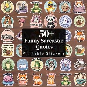 Paquete de más de 50 pegatinas sarcásticas imprimibles, pegatinas con frases ingeniosas en formato PNG, pegatinas divertidas para agendas, paquete de pegatinas digitales, citas con humor sarcástico.