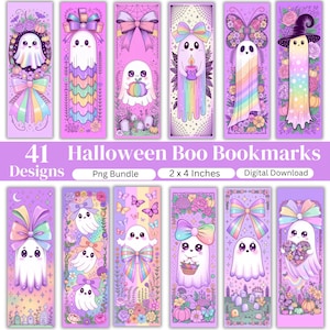 May include: A collection of twelve vertical rectangular bookmarks featuring pastel-colored ghost illustrations with bows, flowers, pumpkins, and butterflies. The text reads 41 Halloween Boo Bookmarks, Png Bundle, 2 x 4 Inches, Digital Download.