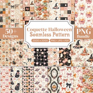 May include: A digital bundle of 50+ seamless patterns featuring Halloween themes like pumpkins, ghosts, black cats, witch hats, and bows in a soft colour palette. The central text reads Coquette Halloween Seamless Pattern 2000 x 2000.