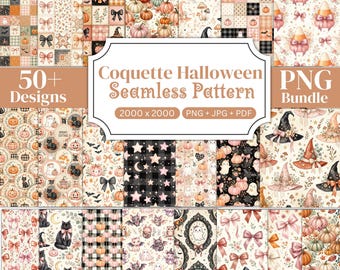 50+ Coquette Halloween Seamless Pattern Bundle, Spooky Digital Papers, Bows Ghosts Cats & Bats Patterns, Printable Scrapbook Papers