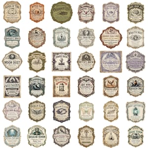 May include: A collection of thirty-six rectangular and ornate apothecary labels featuring vintage-style typography and illustrations. Each label displays unique names like Sands of Time, Witch Fat, and Kraken Ink, with detailed borders and aged paper textures.