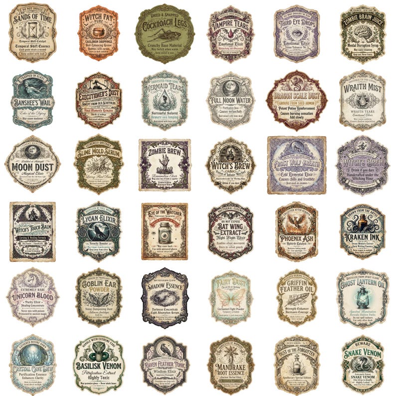 May include: A collection of thirty-six rectangular and ornate apothecary labels featuring vintage-style typography and illustrations. Each label displays unique names like Sands of Time, Witch Fat, and Kraken Ink, with detailed borders and aged paper textures.