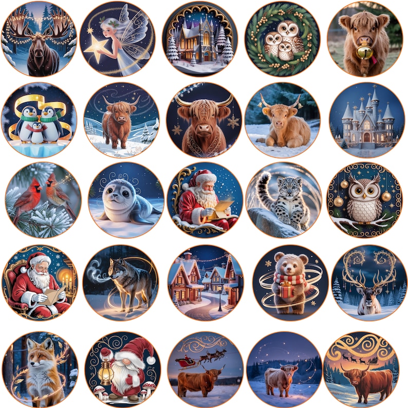 Puede incluir: Una colecci&oacute;n de im&aacute;genes decorativas redondas con varios animales, escenas navide&ntilde;as y elementos fant&aacute;sticos. Las im&aacute;genes incluyen un alce, un hada, b&uacute;hos, vacas de las Highlands, ping&uuml;inos, un castillo, Pap&aacute; Noel, una foca, un leopardo de las nieves, un oso, un lobo, un zorro y un gnomo.