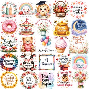 May include: A collection of watercolor-style illustrations with a teacher theme. Designs include a donut, a cookie with a graduation cap, a teddy bear holding a heart, and the text "#1 Teacher". The color palette is soft and includes pastels.