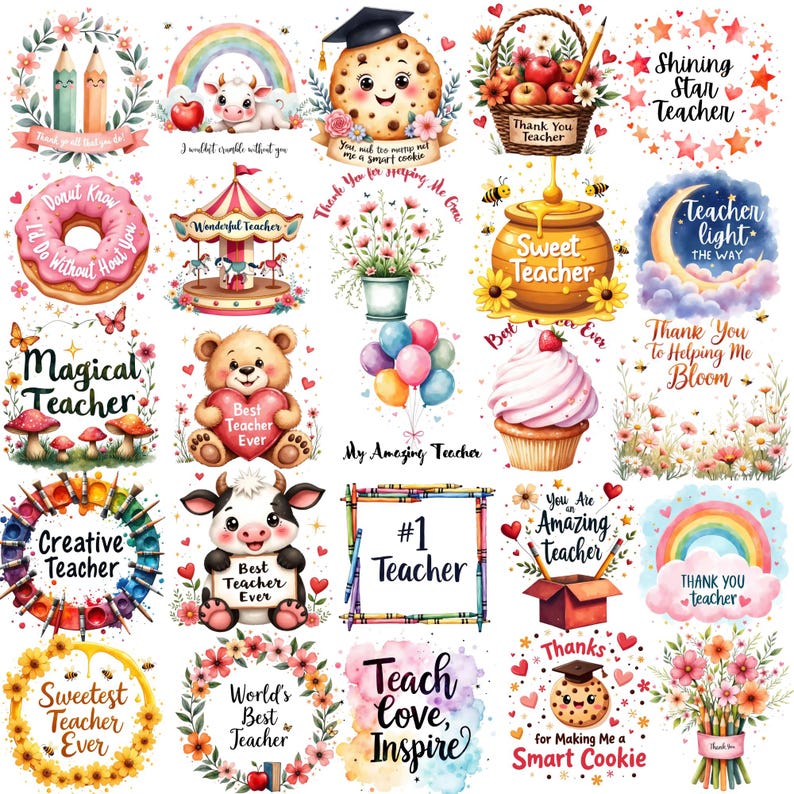 May include: A collection of watercolor-style illustrations with a teacher theme. Designs include a donut, a cookie with a graduation cap, a teddy bear holding a heart, and the text "#1 Teacher". The color palette is soft and includes pastels.