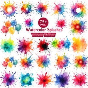Watercolor Paint Splashes PNG Bundle, Colorful Paint Splatter Clipart, Abstract Ink Splash Graphic, Artistic Background PNG,Instant Download