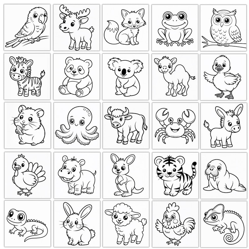Puede incluir: Dibujos lineales en blanco y negro de varios animales, incluyendo un loro, un ciervo, un zorro, una rana, un b&uacute;ho, una cebra, un panda, un koala, un camello, un patito, un h&aacute;mster, un pulpo, un toro, un cangrejo, un burro, un pavo, un hipop&oacute;tamo, un canguro, un tigre, una morsa, un lagarto, un conejo, una oveja, una gallina y un camale&oacute;n.