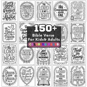 Pode incluir: Uma coleção de páginas para colorir em preto e branco com vários versículos bíblicos e bordas florais. O texto central diz 150+ Bible Verse For Kids & Adults COLORING PAGES. Cada página exibe tipografia única e ilustrações decorativas.