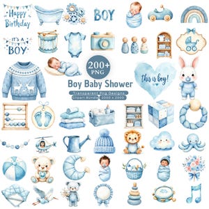 May include: A digital collection of watercolour illustrations featuring blue-themed baby items including a jumper, baby clothes, toys, animals, furniture, and text elements like Happy Birthday, It's a Boy, and this is boy, presented as a 200+ PNG clipart bundle.