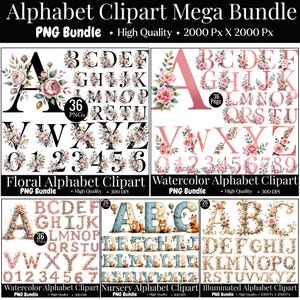 Alphablets Mega Bundle, Alfabeto illuminato PNG, Grafica alfabeto clipart floreale, Alfabeto dorato PNG, PNG trasparenti, Download digitale
