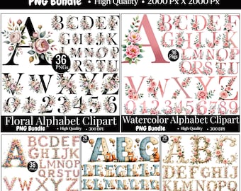 Alphablets Mega Bundle, Illuminated Alphabet Png, Floral Clipart Alphabet Graphics, Gold Alphabet Png,Transparent Pngs, Digital Download