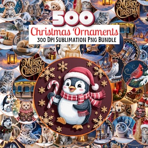 Puede incluir: Un paquete digital de 500 adornos navideños con varias escenas de animales e invierno. Los adornos presentan un pingüino con gorro y bufanda de Papá Noel, copos de nieve y el texto "Christmas Ornaments". La imagen es un paquete PNG.