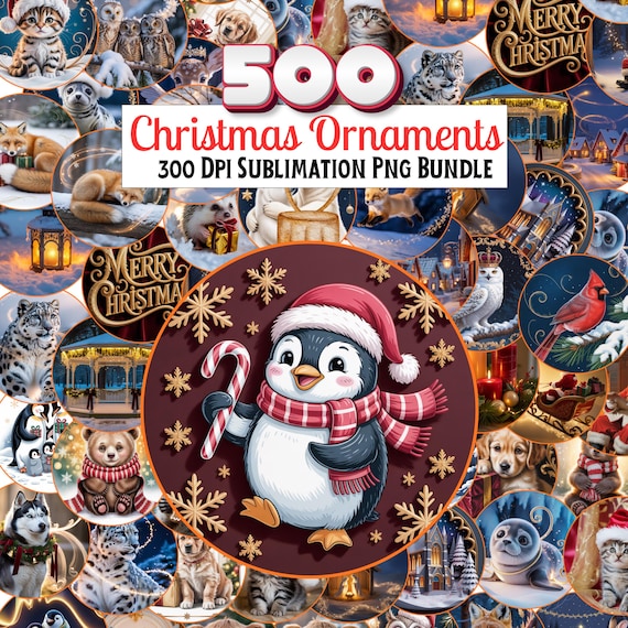 500 Christmas Ornaments Png Bundle, Round Ornaments, Round Hanging PNG, Winter Animals  Sublimation, Christmas Car Coaster Png,  300 dpi Png