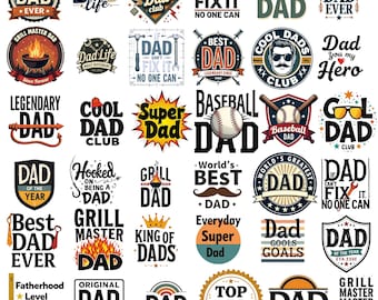 Può includere: Una collezione di vari design grafici con la parola "DAD" in diversi stili. I design includono frasi come "Best Dad Ever", "Grill Master Dad" e "Super Dad". I design sono in vari colori e caratteri, adatti per i regali per la festa del papà.