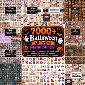 Puede incluir: Una colección digital titulada 7000+ Halloween All-In-One Mega Bundle que presenta varios gráficos, incluyendo citas, etiquetas de pociones, marcapáginas, papeles digitales, imágenes prediseñadas, envoltorios para vasos y postales con fantasmas.