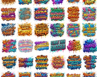 Paquete de más de 60 frases motivacionales en formato PNG, imágenes prediseñadas de afirmaciones positivas, frases inspiradoras para diseño de camisetas, tipografía PNG, descarga digital.
