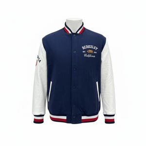 May include: A navy blue and white varsity jacket with the word "BERKELEY" and a bear logo embroidered on the chest. The jacket has white sleeves, a button-up front, and red, white, and blue striped trim on the collar, cuffs, and hem.
