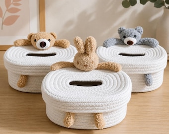 Porta fazzoletti a forma di animale, portatovaglioli a forma di coniglietto o orso, porta fazzoletti in corda di cotone, decorazione per la cameretta, organizer per la casa in stile kawaii