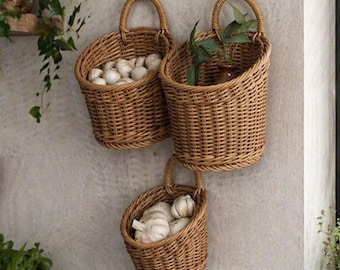 Wall Mounted Wicker Basket • Handwoven Vegetable & Fruit Storage Organizer • Rustic Rattan Hanging Basket for Kitchen Home Decor