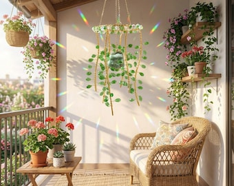 Green Crystal Sun Catcher Wind Chime, Handmade Willow Branch Hanging Decor, Rainbow Maker Garden Chandelier, Outdoor Patio Light Catcher