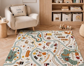 Boho Adventure Road Map Kids Area Rug - Neutral City Safari Play Carpet - Scandinavian Animals Traffic Playmat Kids Road Play Rug