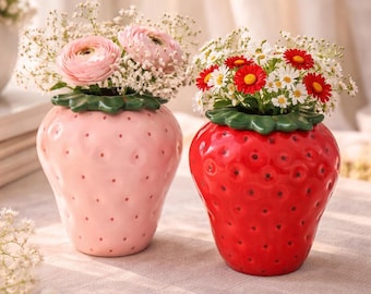 Strawberry Ceramic Vase, Cute Fruit Vase Decor, Small Shelf Decor, Gift for Her, Kitchen or Nursery Accent