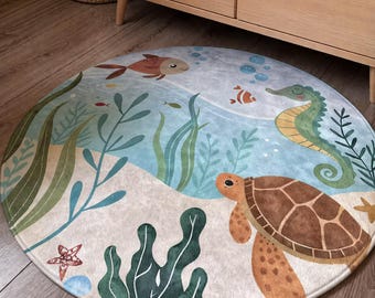 Round Ocean Rug for Kids Room, Turtle Seahorse Fish Carpet, Colorful Underwater Marine Life Floor Mat, Beach Nursery Decor