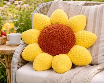 Sunflower Pillow Crochet Pattern PDF, No Sew Flower Cushion, Jumbo Yarn Amigurumi, DIY Home Decor, Beginner Friendly Pattern