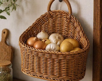 Wall Hanging Basket Rattan Style, Fruit Vegetable Storage, Rustic Kitchen Organizer, Garden Wall Decor, Wicker Look Basket