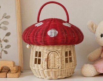 Bolso cesta de ratán con forma de seta – Bolsa de almacenamiento tejida para la habitación de los niños y decoración bohemia