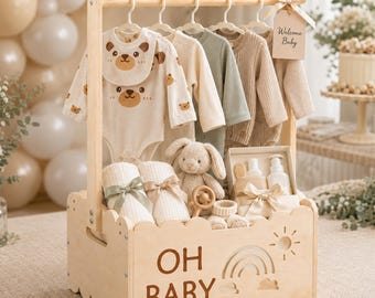 Wooden Baby Shower Crate with Handle, Baby Clothes & Toy Storage Basket, Nursery Organizer, New Parent Gift