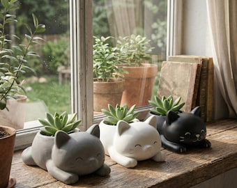 Sleeping Cat Succulent Planter, Cute Cat Pot, Mini Animal Plant Holder, Desk Decor, Gift for Cat Lovers