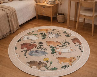 Round Rabbit Nursery Rug, Fluffy Kids Room Carpet, Pastel Bunny Bedroom Decor, Large Circle Playroom Mat