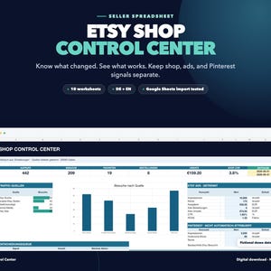 Può includere: Un foglio di calcolo digitale intitolato Etsy Shop Control Center con tabelle di dati e grafici a barre per monitorare il traffico del negozio, le vendite e le prestazioni degli annunci. L'interfaccia include sezioni per le fonti di traffico.