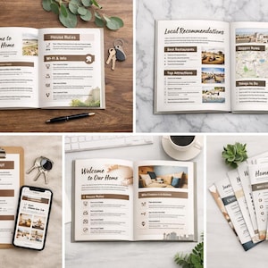 Puede incluir: Guías abiertas con los textos "Welcome to Our Home" y "Local Recommendations". Las guías presentan normas de la casa, información de Wi-Fi y consejos locales. Otros elementos incluyen una casa de juguete, llaves, una cámara y un smartphone.